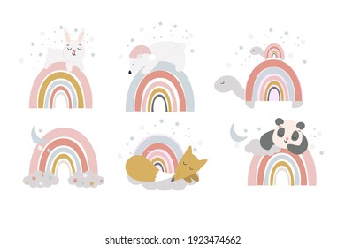 Children's abstract drawing of baby animals sleeping sweetly on rainbows, clouds. The pattern of the fabric with a starry sky and a month. Vector illustration with cute fox cub, koala, turtle, rabbit.