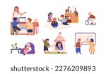 Childrens activities, funs in kindergarten class set. Kids playing with toys in nursery classrooms. Happy boys, girls drawing on board, reading. Flat vector illustrations isolated on white background