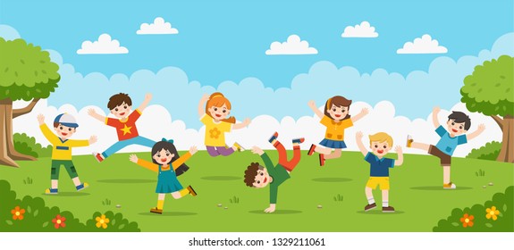 Children's activities. Happy children are jumping on the park.Template for advertising brochure.