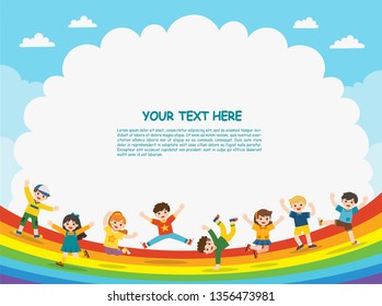 Children's activities. Happy children are jumping on rainbow background.Template for advertising brochure.