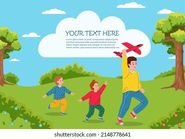 Children's activities. Happy funny children play and jump in the park. Template for advertising brochure.