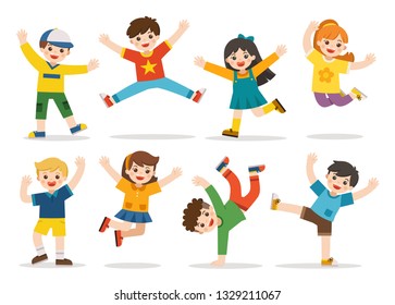 Children's activities. Happy kids jumping together on the background. Boys and girls are playing together happily. Vector illustration.