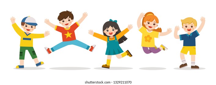 Children's activities. Happy kids jumping together on the background. Boys and girls are playing together happily. Vector illustration.