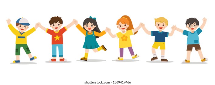 Children's activities. Happy kids jumping together on the background. Boys and girls are playing together happily. Vector illustration.