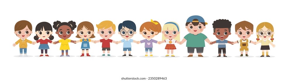 Children's activities. Happy kids jumping together on the background. Boys and girls are playing together happily. Vector illustration.