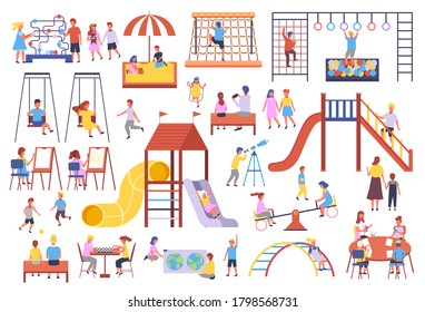 Childrens activities. Kids playing at playground, with ball, jumping rope, gymnastics, sandbox logic games. Kindergarten kids carousel, up-and-down, slide, board games, swing. Collection of cartoon