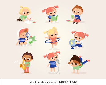 Children's activities. Set of kids in various poses. Children draw, play, sing, dance, play music, read. Kids at the art classes.