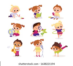 Children's activities. Set of kids in various poses. Children draw, play, sing, dance, play music, read. Kids at the art classes.