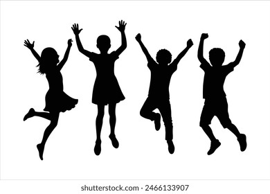 Children`s activities. silhouette Happy kids jumping together in the background. Boys and girls are playing together happily. Vector illustration.