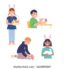 children's activities when welcoming Easter, painting and looking for eggs, caring for rabbits and collecting eggs for active children