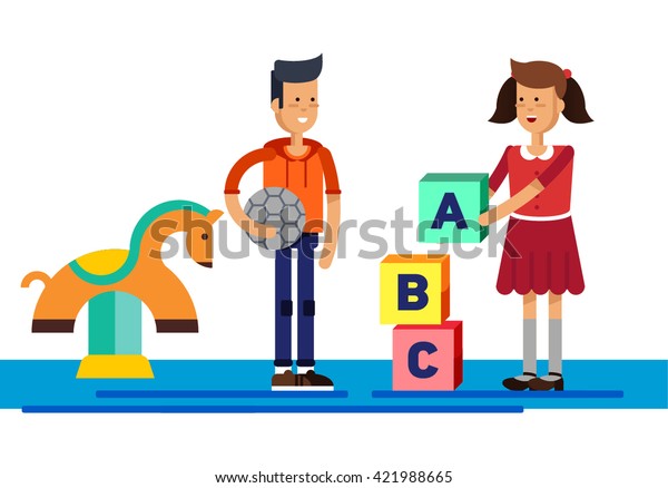 Children\'s activity in the kinder\
garden, playing, education. Kids playing at playground. Childhoods.\
Girl puts words from letters cubes. Boy holding a soccer\
ball