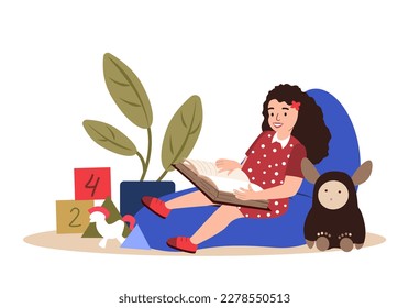 Childrens activity in kindergarten.Girl reading a book,playing with toys in nursery classroom.Happy smiling girl sitting in bag chair,cosy room.Flat vector illustrations isolated on white background