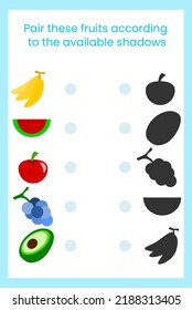 Children's activity sheet draws a line, matching the fruit and its shadow. suitable for children's activity books aged 3 years and over.