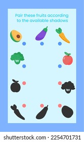 Children's activity sheet draws a line, matching the fruit and its shadow. suitable for children's activity books aged 3 years and over.