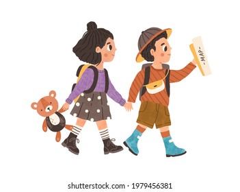 Children's adventure concept. Cute kids walking, hiking, exploring and discovering world together. Curious boy and girl with map. Colored flat graphic vector illustration isolated on white background