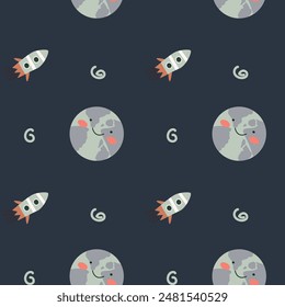 Childrens adventure pattern with cosmic objects and galaxy elements, cute planets. Seamless background with doodle space elements. Childrens pattern with cute cartoon characters.