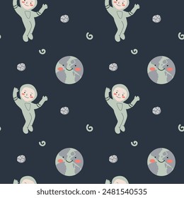 Childrens adventure pattern with cosmic objects and galaxy elements, cute planets. Seamless background with doodle space elements. Childrens pattern with cute cartoon characters.