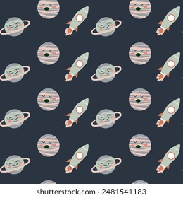 Childrens adventure pattern with cosmic objects and galaxy elements, cute planets. Seamless background with doodle space elements. Childrens pattern with cute cartoon characters.