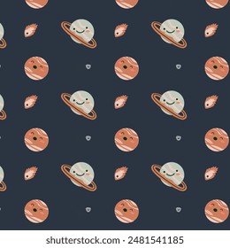Childrens adventure pattern with cosmic objects and galaxy elements, cute planets. Seamless background with doodle space elements. Childrens pattern with cute cartoon characters.
