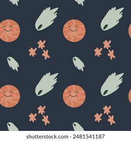 Childrens adventure pattern with cosmic objects and galaxy elements, cute planets. Seamless background with doodle space elements. Childrens pattern with cute cartoon characters.