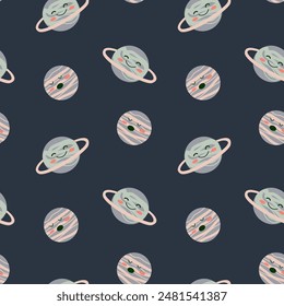 Childrens adventure pattern with cosmic objects and galaxy elements, cute planets. Seamless background with doodle space elements. Childrens pattern with cute cartoon characters.