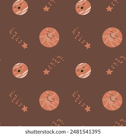 Childrens adventure pattern with cosmic objects and galaxy elements, cute planets. Seamless background with doodle space elements. Childrens pattern with cute cartoon characters.