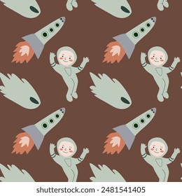 Childrens adventure pattern with cosmic objects and galaxy elements, cute planets. Seamless background with doodle space elements. Childrens pattern with cute cartoon characters.