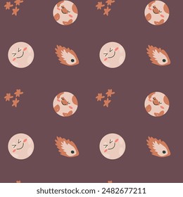 Childrens adventure pattern with cosmic objects and galaxy elements, cute planets. Seamless background with doodle space elements. Childrens pattern with cute cartoon characters.