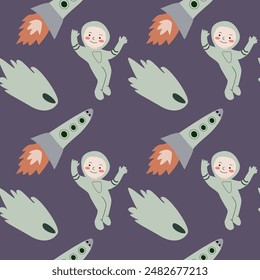 Childrens adventure pattern with cosmic objects and galaxy elements, cute planets. Seamless background with doodle space elements. Childrens pattern with cute cartoon characters.