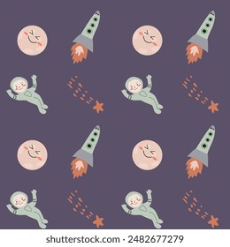 Childrens adventure pattern with cosmic objects and galaxy elements, cute planets. Seamless background with doodle space elements. Childrens pattern with cute cartoon characters.
