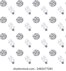 Childrens adventure pattern with cosmic objects and galaxy elements, cute planets. Seamless background with doodle space elements. Childrens pattern with cute cartoon characters.