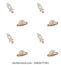 Childrens adventure pattern with cosmic objects and galaxy elements, cute planets. Seamless background with doodle space elements. Childrens pattern with cute cartoon characters.