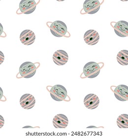 Childrens adventure pattern with cosmic objects and galaxy elements, cute planets. Seamless background with doodle space elements. Childrens pattern with cute cartoon characters.