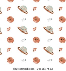 Childrens adventure pattern with cosmic objects and galaxy elements, cute planets. Seamless background with doodle space elements. Childrens pattern with cute cartoon characters.