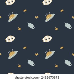 Childrens adventure pattern with cute galaxy elements. Space animal characters endless background in scandinavian style. Hand drawn childish design for textile, nursery clothes, boys room wallpaper.