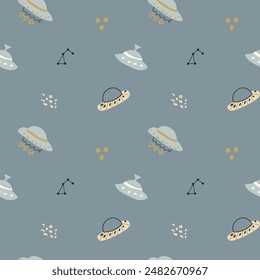 Patrón de aventuras para niños con lindos Elementos de galaxias. Personajes de animales espaciales de fondo sin fin en estilo escandinavo. Diseño infantil dibujado a mano para textil, ropa de guardería, Fondo de pantalla de habitación para niños.