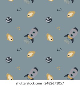 Childrens adventure pattern with cute galaxy elements. Space animal characters endless background in scandinavian style. Hand drawn childish design for textile, nursery clothes, boys room wallpaper.