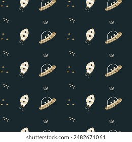Childrens adventure pattern with cute galaxy elements. Space animal characters endless background in scandinavian style. Hand drawn childish design for textile, nursery clothes, boys room wallpaper.