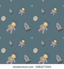 Childrens adventure pattern with cute galaxy elements. Space animal characters endless background in scandinavian style. Hand drawn childish design for textile, nursery clothes, boys room wallpaper.