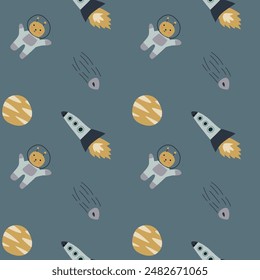 Childrens adventure pattern with cute galaxy elements. Space animal characters endless background in scandinavian style. Hand drawn childish design for textile, nursery clothes, boys room wallpaper.