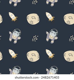 Childrens adventure pattern with cute galaxy elements. Space animal characters endless background in scandinavian style. Hand drawn childish design for textile, nursery clothes, boys room wallpaper.