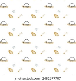 Childrens adventure pattern with cute galaxy elements. Space animal characters endless background in scandinavian style. Hand drawn childish design for textile, nursery clothes, boys room wallpaper.