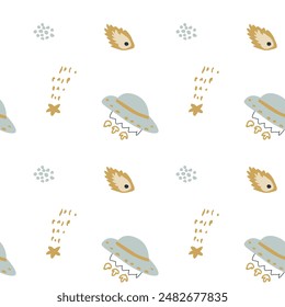 Childrens adventure pattern with cute galaxy elements. Space animal characters endless background in scandinavian style. Hand drawn childish design for textile, nursery clothes, boys room wallpaper.