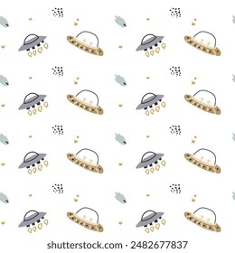 Childrens adventure pattern with cute galaxy elements. Space animal characters endless background in scandinavian style. Hand drawn childish design for textile, nursery clothes, boys room wallpaper.