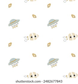 Childrens adventure pattern with cute galaxy elements. Space animal characters endless background in scandinavian style. Hand drawn childish design for textile, nursery clothes, boys room wallpaper.