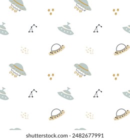 Childrens adventure pattern with cute galaxy elements. Space animal characters endless background in scandinavian style. Hand drawn childish design for textile, nursery clothes, boys room wallpaper.