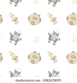 Childrens adventure pattern with cute galaxy elements. Space animal characters endless background in scandinavian style. Hand drawn childish design for textile, nursery clothes, boys room wallpaper.