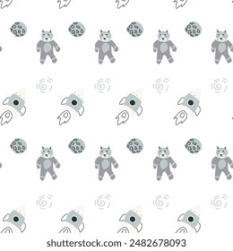 Childrens adventure pattern with cute galaxy elements. Space animal characters endless background in scandinavian style. Hand drawn childish design for textile, nursery clothes, boys room wallpaper.