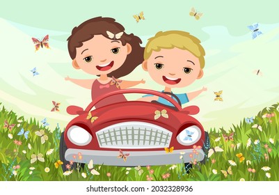 Childrens adventure in small car on flowering meadow. Kid drives pedal or electric toy automobile. Cartoon illustration. Summer rural landscape. Vector.