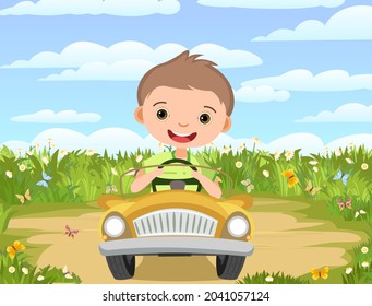 Childrens adventure in small car. Sandy glade on meadow. Kid drives pedal or electric toy automobile. Cartoon illustration. Summer rural landscape. Vector.